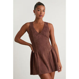 Lulus Presley Brown Suede Skater Mini Dress - Size S